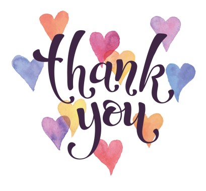 The words "Thank You" with colorful watercolor paint style hearts