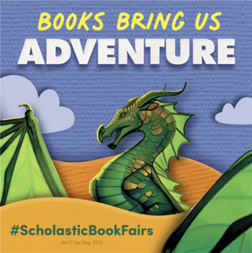 A green dragon with outstretched wings and the words Books Bring Us Adventure