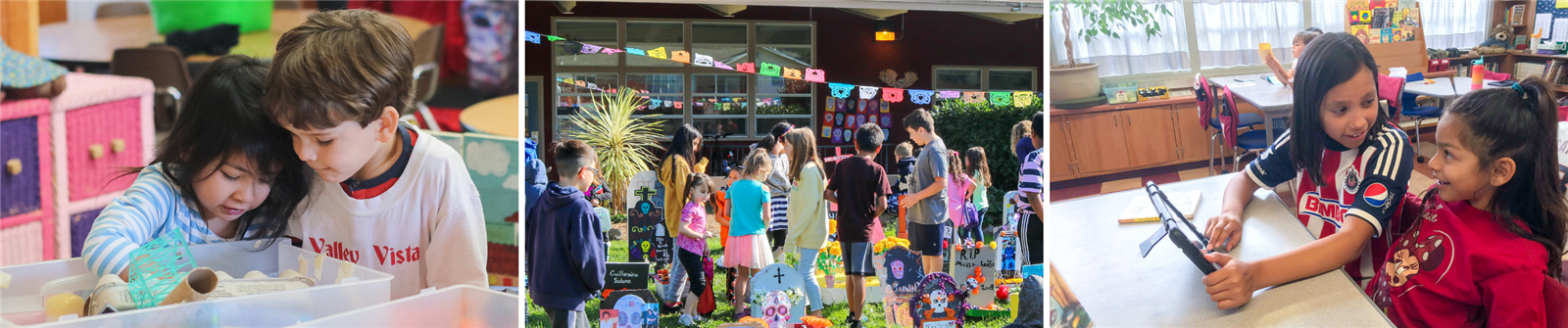 Young students in classroom, group of students outside for Dia de los Muertos, older student working with younger student 